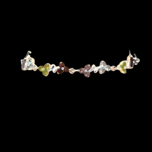 Sterling Silver Floral Bracelet Amethyst, Garnet, Topaz, & Peridot Color Stones - Picture 2 of 6